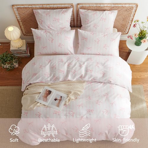 Bildenly Bow Duvet Cover Full Size Pink Striped Bowknot Bedding Set Kids Girls Cute Bows Vertical Stripes Soft Breathable Microfiber Comforter Cover Set with Zipper Closure and 2 Pillowcases