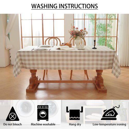 gillhov Checkered Tablecloth Rectangle Washable Buffalo Plaid Table Cloth Cotton Linen Gingham Table Cover for Picnic Kitchen Dining Room, Beige and White, 55 * 70