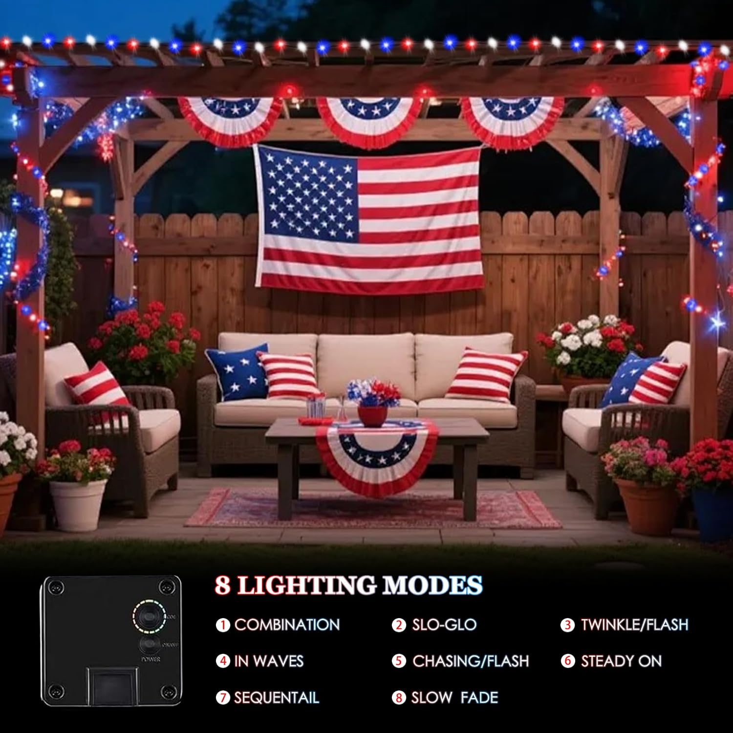 Skiennix 4th of July Outdoor Decorations - 4-Pack Red, White & Blue Solar String Lights | 400 LED, 132FT, Waterproof