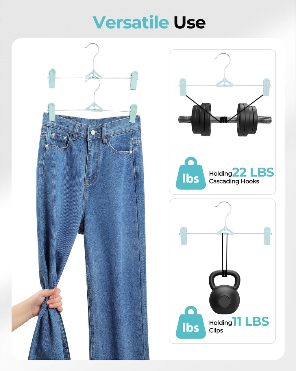 Skiennix Pants Hangers with Clips - 30 Pack Stackable Space-Saving Closet Organizer | Adjustable Non-Slip Clips, 360° Swivel Hook, Blue