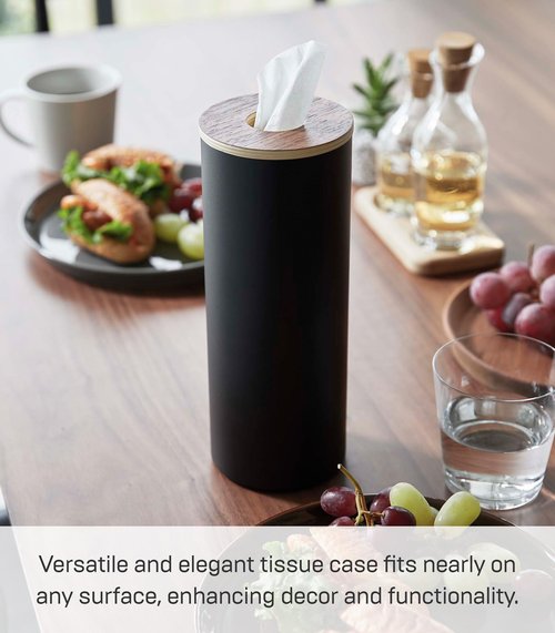 Yamazaki Home Rin Reusable Round Tissue Holder Case, Metal Tissue Container with Wooden Lid - Large - Steel + Wood
