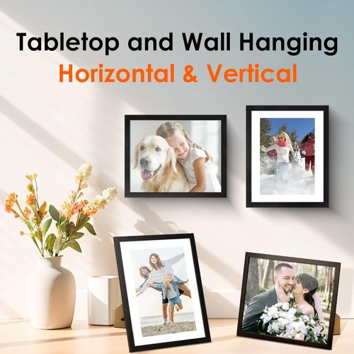 FIXSMITH 8x10 Picture Frame - HD Plexiglass for 5x7 with Mat or 8x10 Without Mat - Black Tabletop & Wall Display