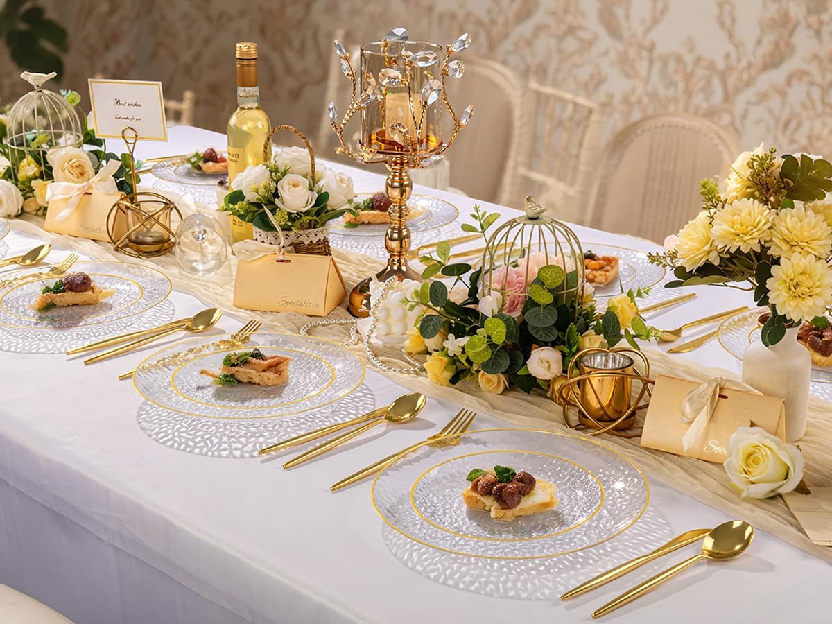Rubtlamp Clear Plastic Plates - 60 Pcs Heavy-Duty Disposable Plates with Gold Rim | 30 Dinner & 30 Dessert Plates for Weddings & Parties