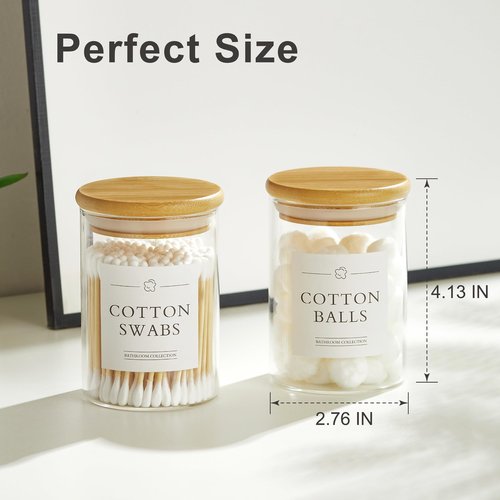 INIUNIK 6 Pack Qtip Holder Dispenser - Glass Apothecary Jars with Lids, Cotton Ball Pad Swab Round Holder, Bamboo Bathroom Accessories, Bathroom Organizers Containers Jars Canisters with Lids