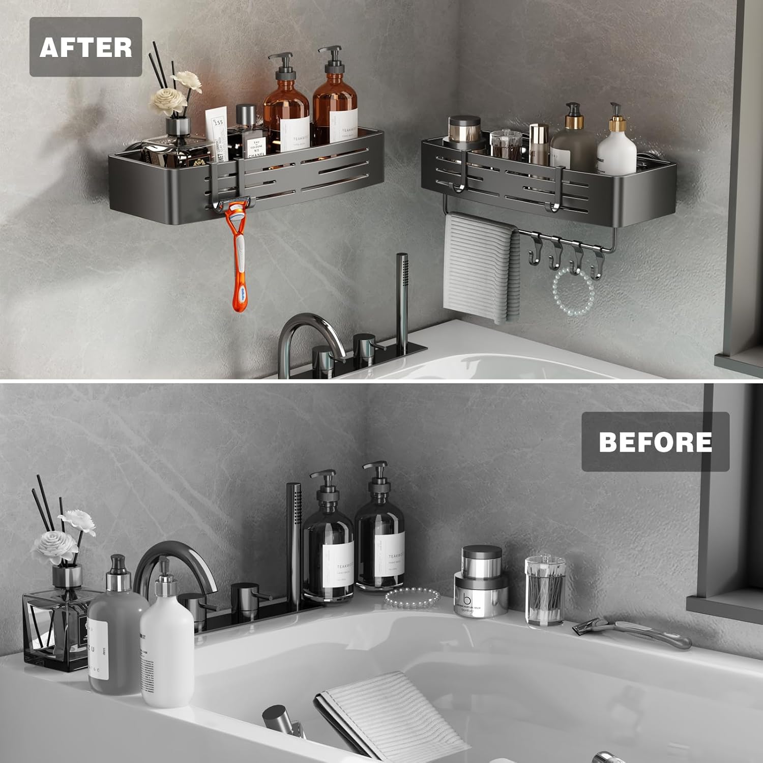 Voldra Shower Caddy - No-Drill Suction Cup Organizer with Towel Bar & Hooks | 2 Pack Gray Shelves