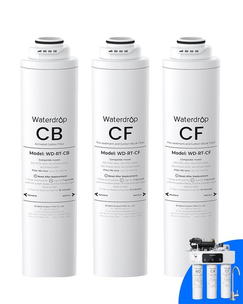 Waterdrop 𝐖𝐃-𝐓𝟑-𝐑𝐂 Replacement Filter 1-Year Combo, Pack of 2 CF Filters and 1 CB Filter, Replacement for 𝐖𝐃-𝐓𝟑-𝐂 Tankless Reverse Osmosis Water Filter System (𝟐*𝐂𝐅 + 𝟏*𝐂𝐁)