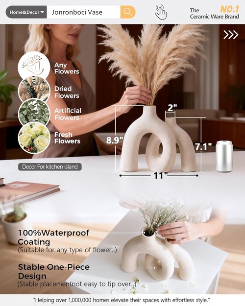 Hug Donut Decorative Vase Set - Modern Nordic Boho Style Matte Ceramic Vases for Home Décor | Cream White