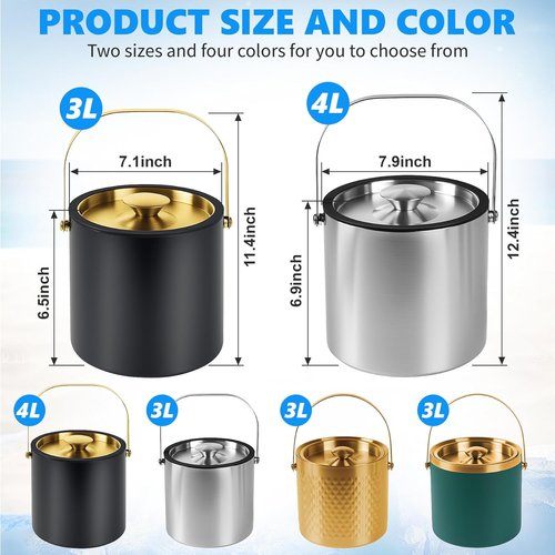 4L Ice Bucket, Ice Bucket with Silicone Sealing Ring Double-wall Vacuum Insulation Champagne Buckets with Filter Layer Ice Tongs Ice Scoop (Black)