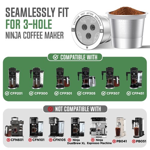 Ninja Reusable Coffee Pod: VIVI SKY Upgraded Stainless Steel Refillable Ninja K Cups - 3 Holes Coffee Filters For Ninja Coffee Maker CFP201 CFP301 CFP305 CFP307 CFP400 CFP300 (4 Pack)