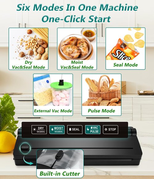 KVSK Vacuum Sealer Machine Automatic Black 6615H Food Preservation Storage, One-Click Dry&Moist Vac Seal Mode, 60kPa Suction, 11"x9.8' Black Sealer Roll, Liquid Block Cotton Pads, Removable Drip Tray