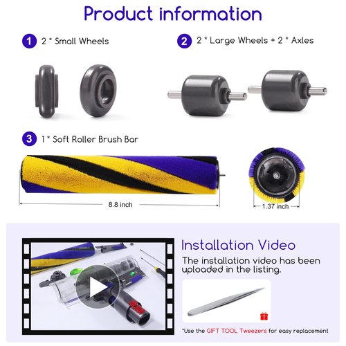 Soft Roller Brush Bar and Roller Wheels Sets Compatible with Dyson V15 V12 Slim V10 Slim V8 Slim Handheld Vacuum Cleaners, Replacement Part No.971634-01