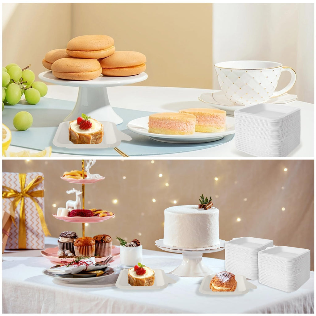 Oungy 300 PCS Small Paper Plates 4 Inch Small Disposable Plates White Square Paper Plates Paper Dessert Plates Paper Plates Bulk Cake Paper Plates Sugarcane Plates for Holiday Wedding Graduation Party