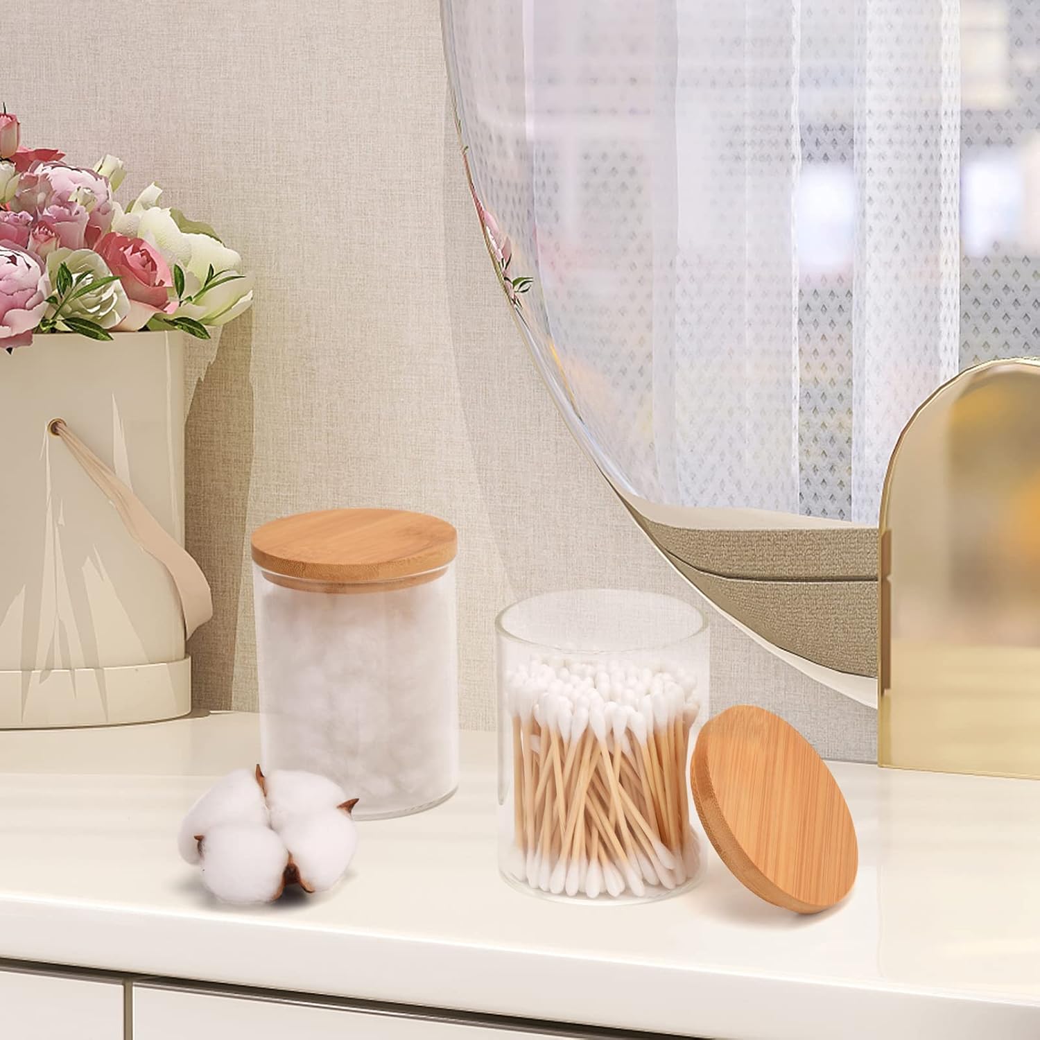 BKYFPQ Glass Qtip Holder Dispenser Set - Stylish Apothecary Jars with Lids | Vanity Makeup Organizer