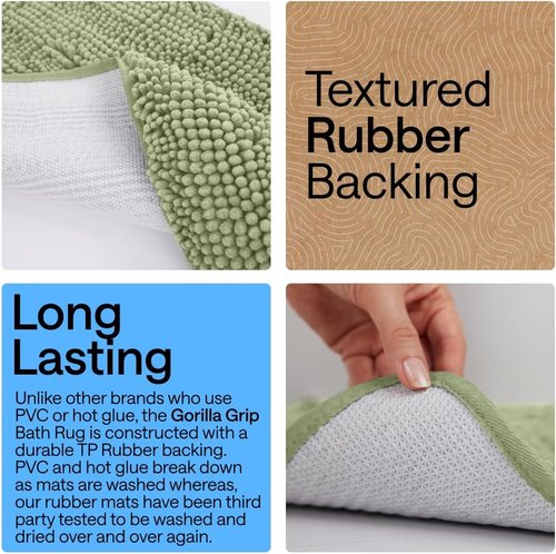 GORILLA GRIP Bath Rug Mat - Soft Absorbent Chenille | Quick Dry Microfiber, 48x17, Sage Green