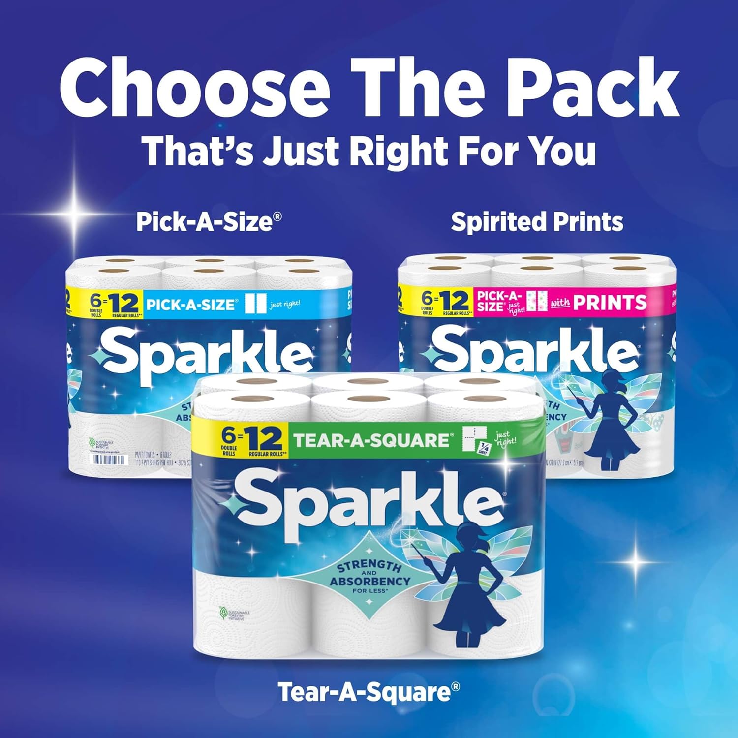 Sparkle Paper Towels - Spirited Print Design, 6 Double Rolls (660 Sheets) - Strong 2-Ply for Kitchen Cleanup