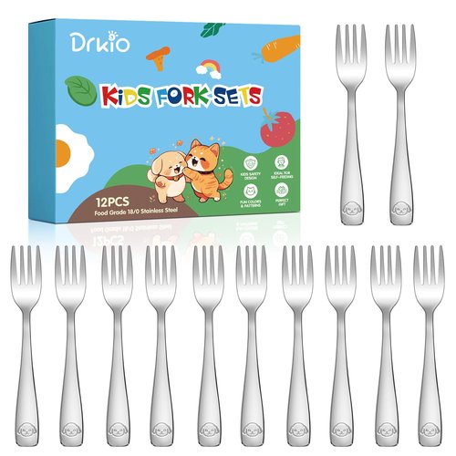 DRKIO Stainless Steel Toddler Forks Set - 12 Pieces Kids Forks Set Children Safe Food Grade Kids Silverware Small Forks Metal Toddler Utensils Dishwasher Safe Mirror Polished