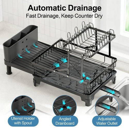 GSlife 2 Tier Dish Drying Rack with Drainboard, Expandable Large Dish Drainer for Kitchen Counter, Rust Resistant Dish Drainer with Cup Holder & Utensil Holder, 12.6" W x 18.7"-25.2" L, Black