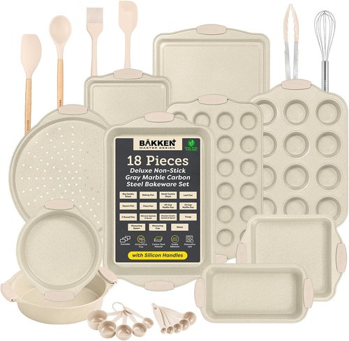 BAKKENMASTER 18-Piece Nonstick Bakeware Set - Carbon Steel Pans with Marble Coating & Silicone Handles, Oven Safe to 446°F