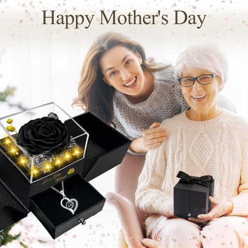 Megapuxin Preserved Real Rose-Eternal Flowers Rose Mothers Day for Mom Women Her Wife Girlfriend on Birthday Valentines with I Love You Necklace 100 Languages Romantic Gift (Black)