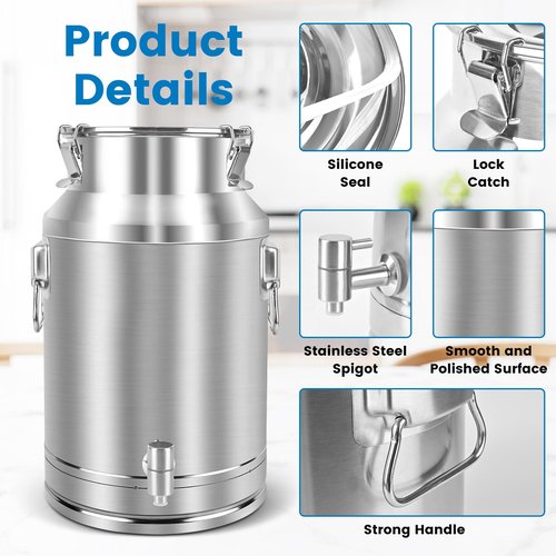 Togarhow 304 Stainless Steel 20 Liter Milk Can, 5.25 Gallon Wine Pail Bucket with Spigot and Sealed Lid, Heavy Duty