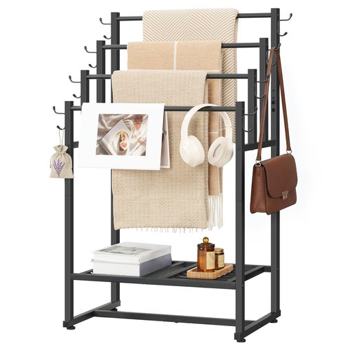 HOOBRO 4-Tier Free Standing Towel Rack for Bathroom, Blanket Rack Stand, 23.6" L x 15.9" W x 40.7" H, Freestanding Quilt Stand, Blanket Display Holder for Bedroom, Industrial Style, Black BK07LB01