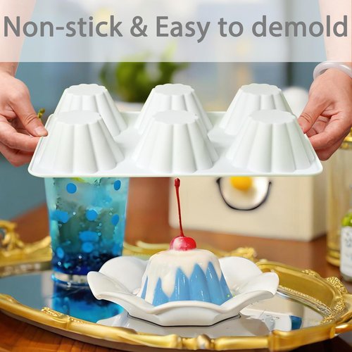 Fchil Silicone Pudding Mold, 6-Cavity Nonstick Jello Dessert Making Tray, Custard Mold for Mousse Cake, Set of 2, White