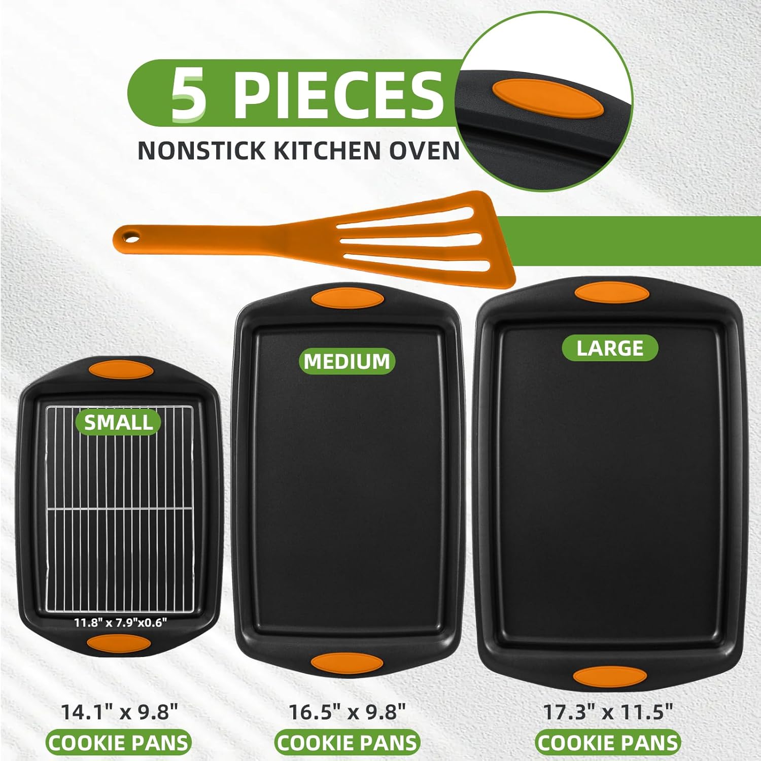 Skiennix 5-Piece Nonstick Baking Pans Set - Premium Carbon Steel Bakeware with Red Silicone Handles | Black & Orange