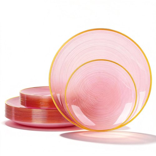 N9R 60PCS Pink Plastic Plates with Gold Rim – 30 Dinner & 30 Dessert Plates, Circular Ribbed Design, Elegant Disposable Plates for Weddings, Events, Banquets, Special Occasions (Translucent Pink)