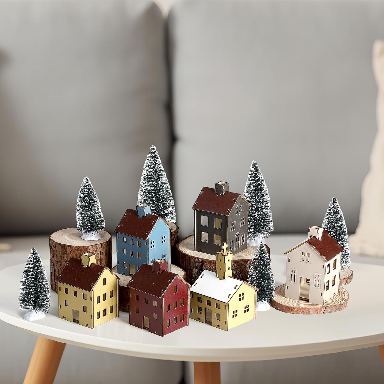 Yalikop 18pcs Wooden Easter Village Set - Colorful Houses & Church with Electronic Candle Light