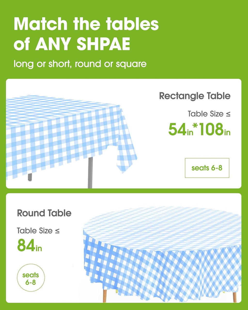 Pureegg Disposable Table Cloths - 8 Pack Gingham Design, 54 x 108 Inch, Leakproof & Sturdy, Blue Checkered