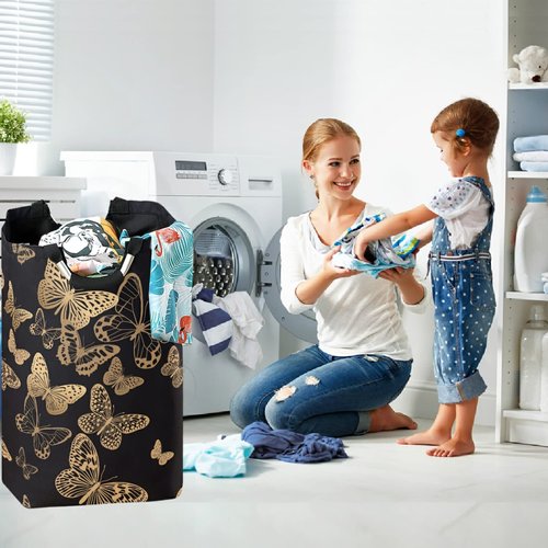 visesunny Large Capacity Laundry Hamper Basket Black Gold Butterfly Water-Resistant Oxford Cloth Storage Baskets for Bedroom, Bathroom, Dorm, Kids Room