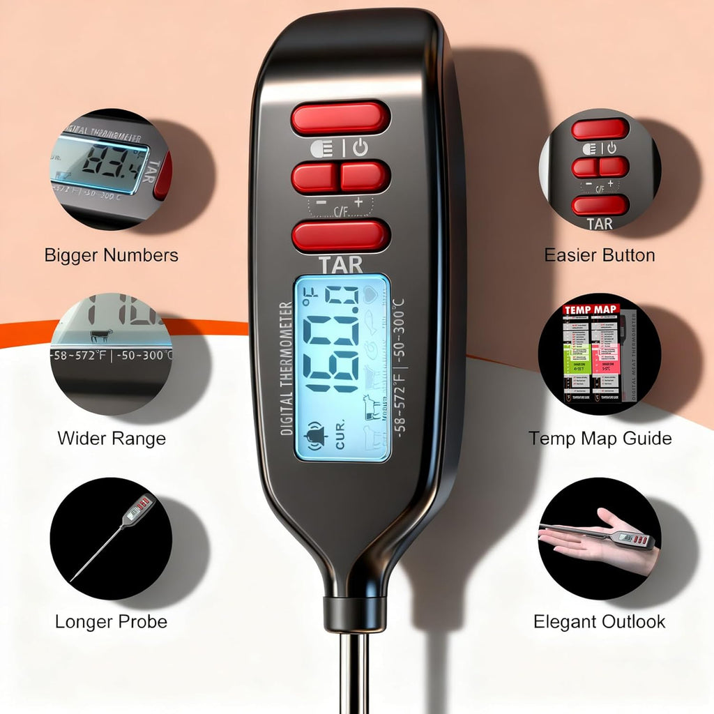 Antonki Digital Meat Thermometer - Smart Instant Read with Long Probe for Cooking & BBQ | Backlit Display