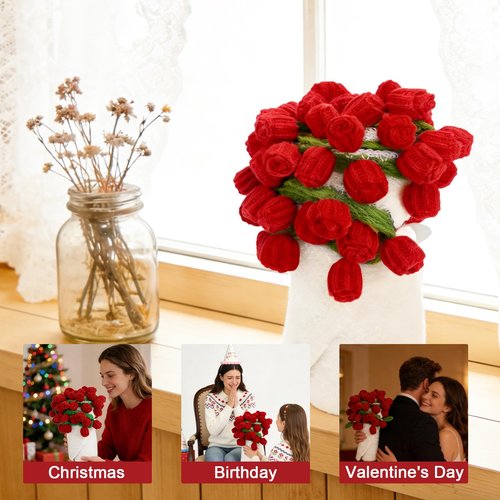 Sokfone Flower Blanket - Crochet Rose Blanket with Bouquet Blankets, Knitted Throw Blankets for Birthday, Wedding, Anniversary,Home Decor (43 inch - Finished Red)
