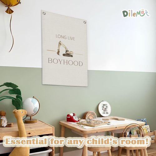 Dilemat Long Live Boyhood Canvas Banner Wall Hanging, Construction Decor for Boys Room,Kids Playroom Wall Decor Hanging Banner Flag for Boys Toddler Nursery Bedroom Playroom, 18X25 Inch