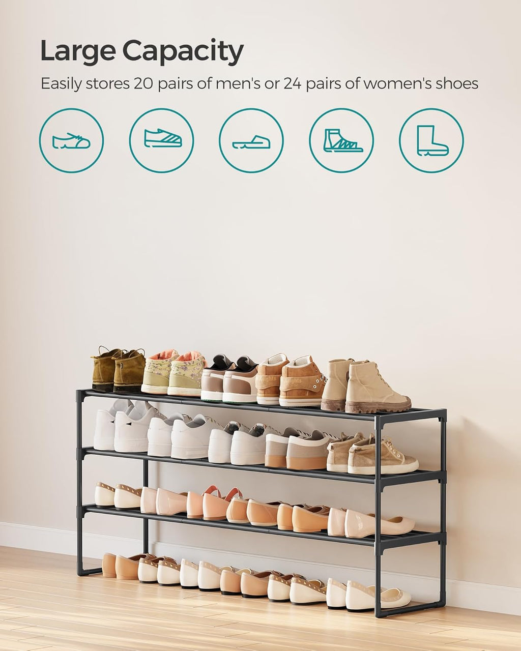 SONGMICS 3-Tier Shoe Rack - Stackable Metal Organizer for 20-24 Pairs - Black, 11.8 x 46.1 x 21.7 Inches