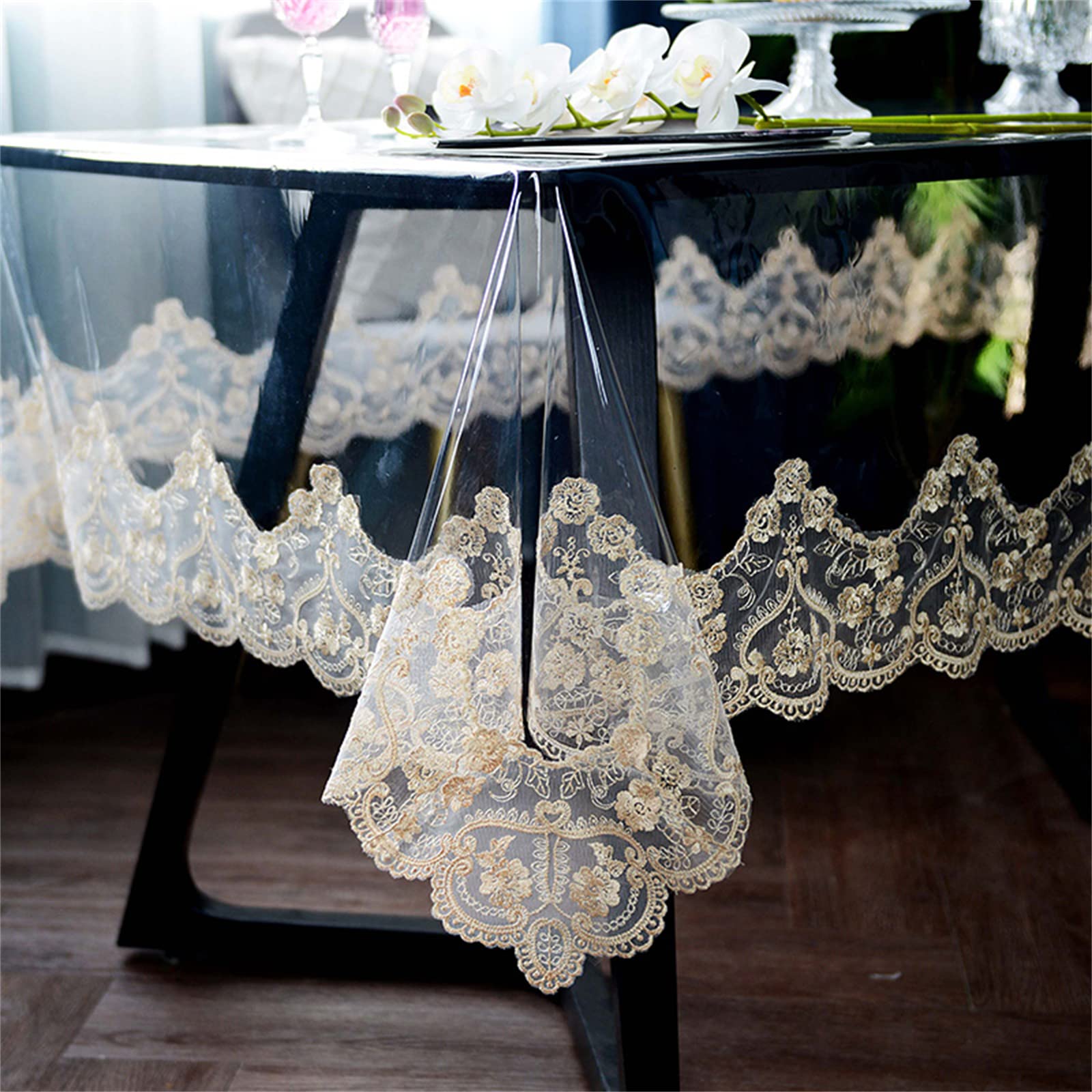 Dimatic Clear Plastic Waterproof Tablecloth, Vinyl PVC Rectangle Table Cloth with Lace Macrame, Oil Spill Proof, Table Cover for Dining Tables, Parties and Holidays (Beige, 60 x 86 Inch)