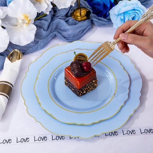 Liacere 175PCS Bule Plastic Plates - Disposable Ligh Bule and Gold Plates - Baroque Plastic Dinnerware 50Plates, 25Pack Pre Rolled Napkins with Silverware 25Cups for Baby Shower Party &Easter Day