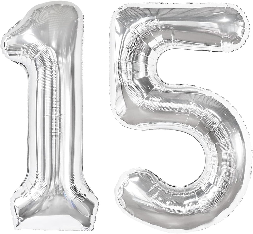 Number 15 Balloon by Silver | 40-Inch Silver Birthday Decoration for 15th Birthday Party