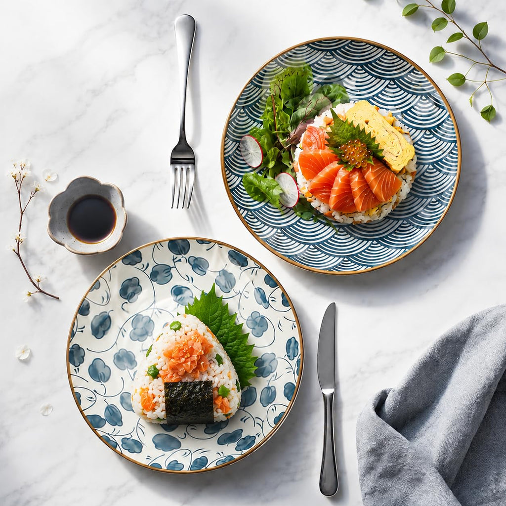 YALONG Small Ceramic Salad Plates Set of 4, 7 Inch (13oz) Japanese Appetizer Plates for Sushi Snacks, Dessert Plates for Cake Fruit, Blue & White Dinnerware, Microwave Dishwasher Safe