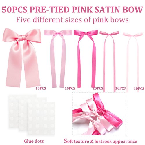 Pink Bow Wall Décor Backdrop Ribbon Bow Garland DIY Pink Bows Party Decorations for Baby Shower Women Girls Coquette Birthday Christmas Room Bedroom Decoration 50Pcs