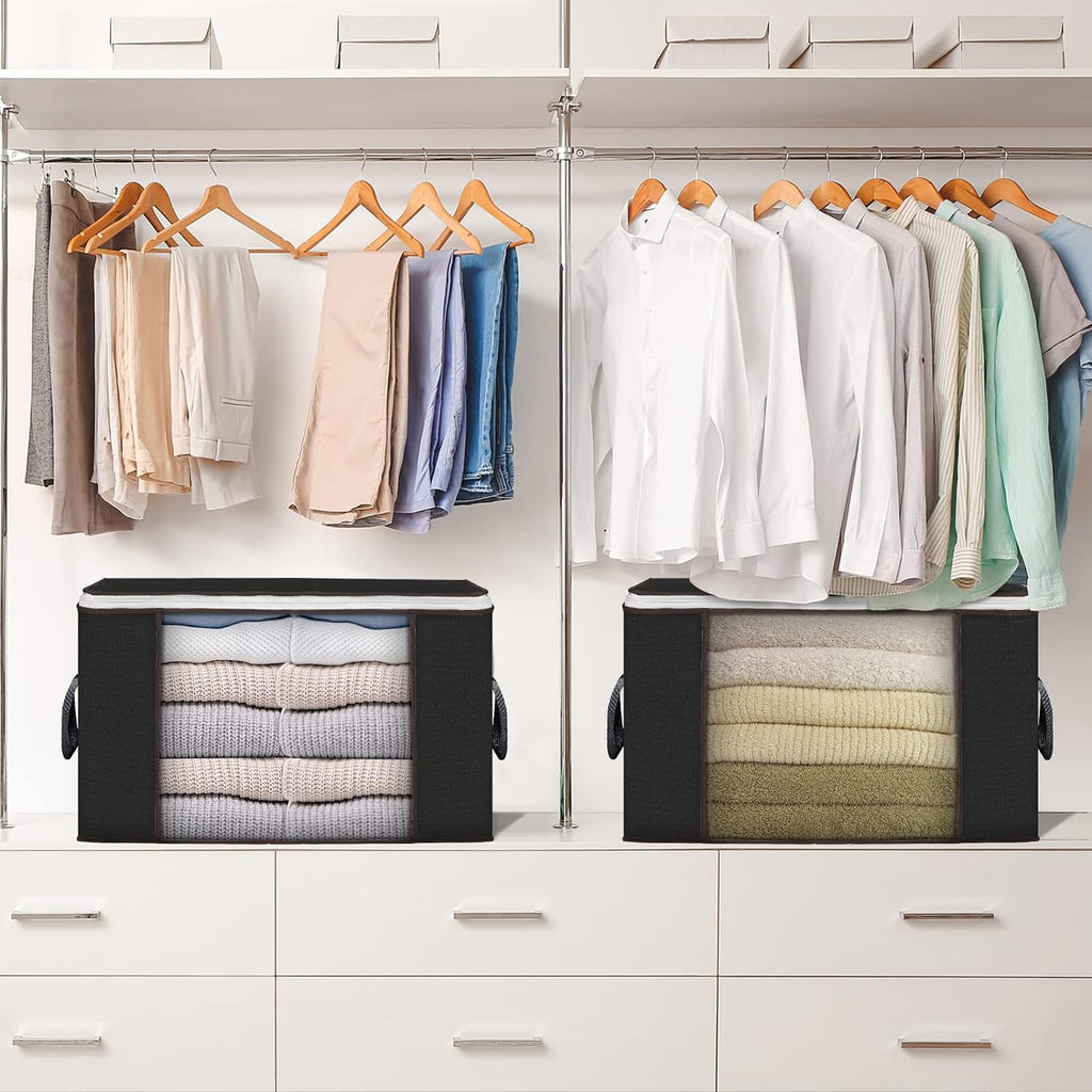 Skiennix Large Storage Bags - 8 Pack Foldable Closet Organizers with Durable Handles | Black, 90L Capacity