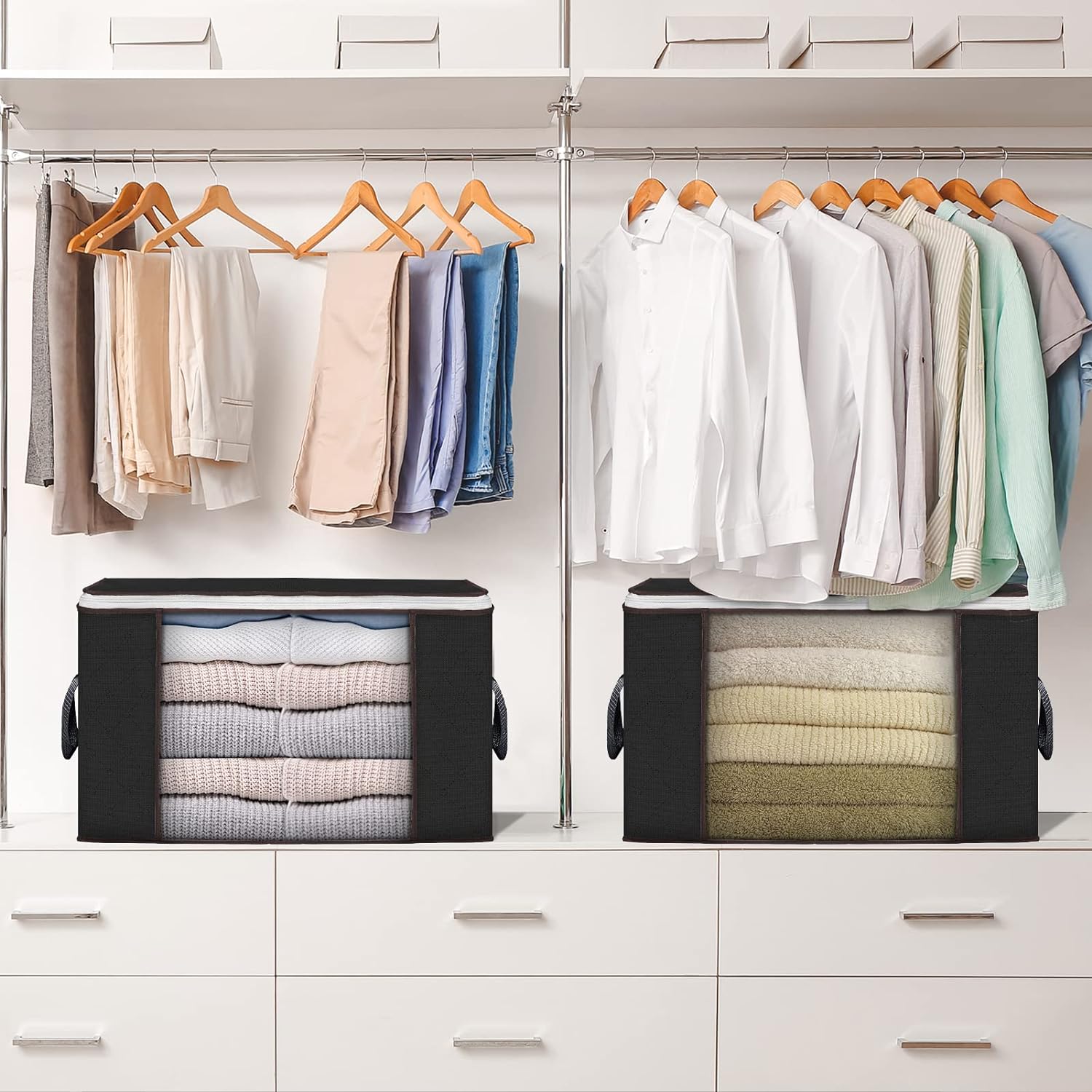 Skiennix Large Storage Bags - 8 Pack Foldable Closet Organizers with Durable Handles | Black, 90L Capacity