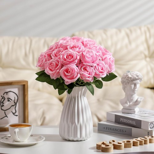 Thiccywoov 30 Pcs Rose Artificial Flowers in Bulk Real Touch Long Stem Silk Roses Bouquets Realistic Faux Flowers for Wedding Bridal Shower Home Decor Floral Arrangements Table Centerpiece(Pink)