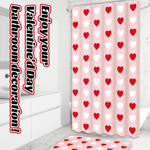 JarThenaAMCS 4Pcs Valentine's Day Bathroom Set Pink Red White Heart Non-Slip Bath Mat U-Shaped Toilet Rug Toilet Lid Cover Shower Curtain with Hooks for Home Hotel Accessories Decoration