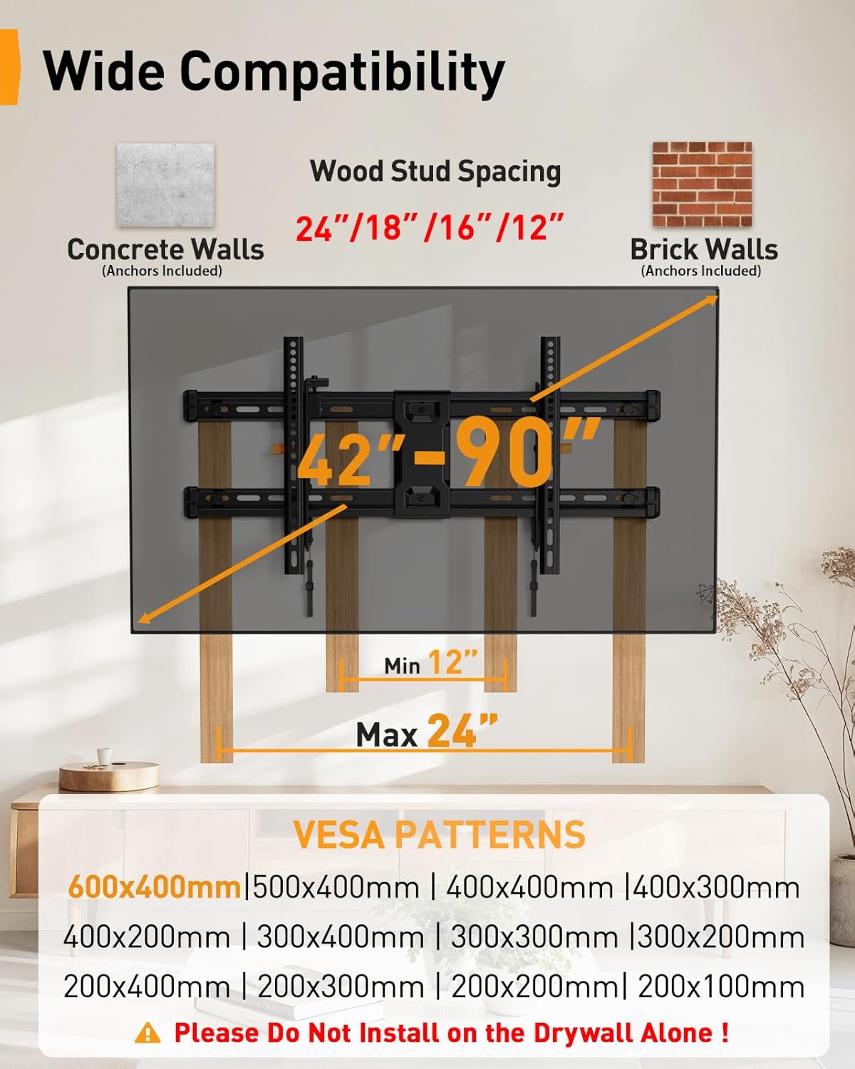 Perlegear Tilting TV Wall Mount - Fits 42–90 Inch TVs | Leveling Adjustment & Low Profile Design, Max VESA 600x400mm