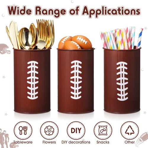 Domensi 3 Pcs Football Table Centerpiece Football Vases Decor Galvanized Metal Vases for Artificial Flowers Rugby Funny Pen Holder Utensil Holder Jars for Kitchen Home Rugby Party Decorations Gifts