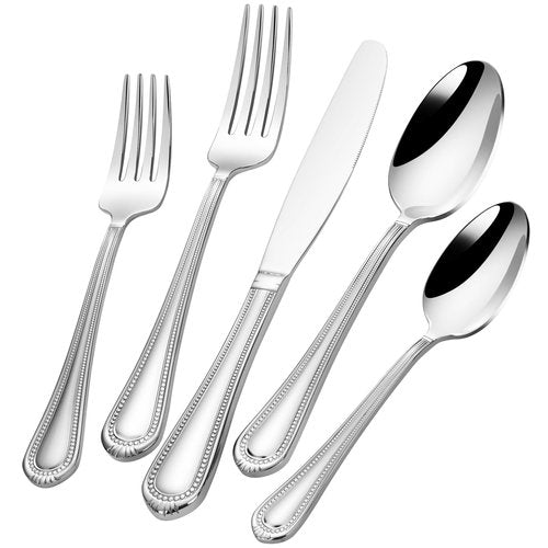40-Piece Flatware Set for 8, Heavy Duty 18/10 Stainless Steel Silverware Set, Weighted Silverware Knives Forks and Spoons Set, Beaded Edge Handle, Dishwasher Safe