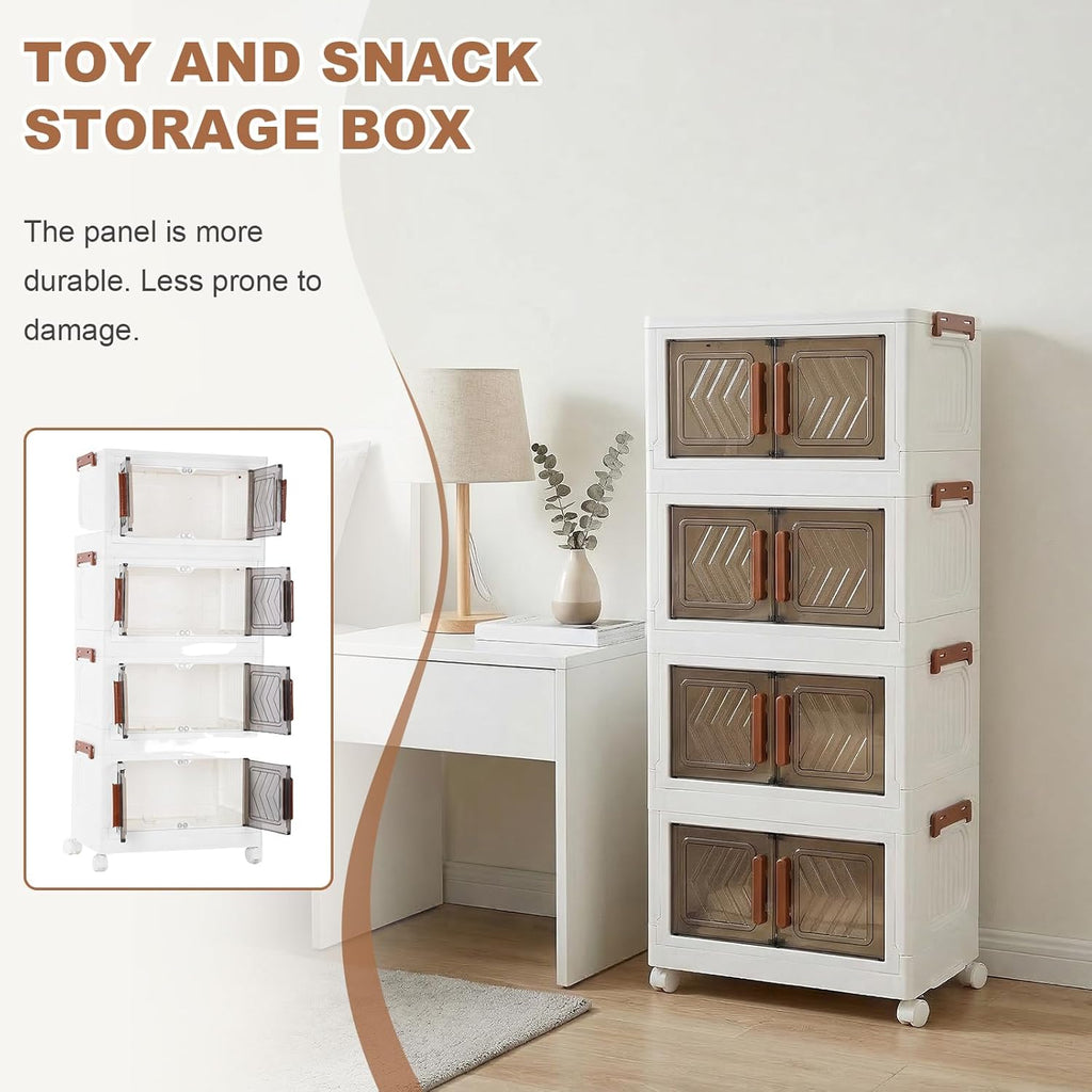 Skiennix 4-Tier Storage Bins - Stackable, Foldable Organizers with Lids & Wheels | Transparent Door