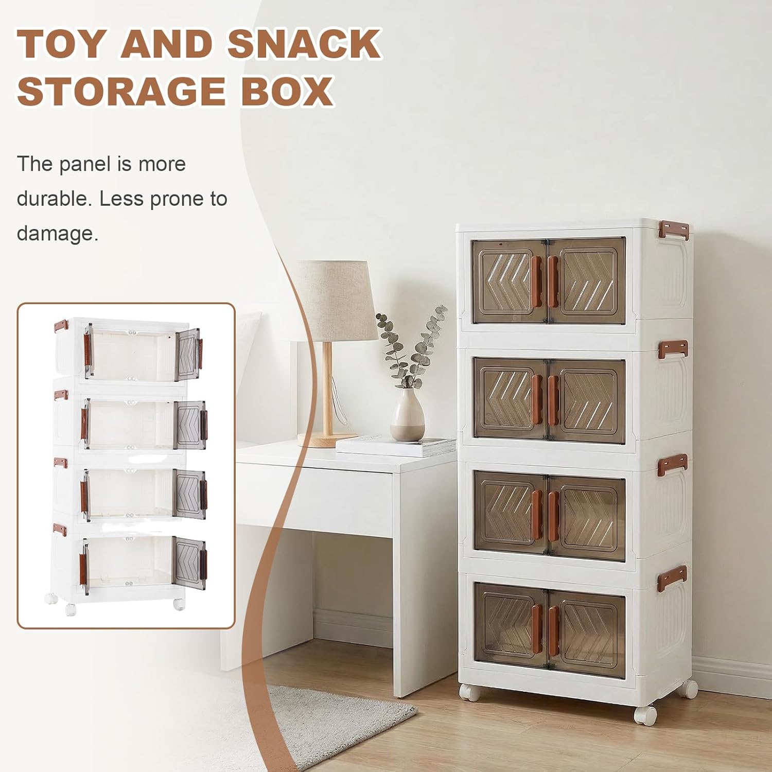 Skiennix 4-Tier Storage Bins - Stackable, Foldable Organizers with Lids & Wheels | Transparent Door