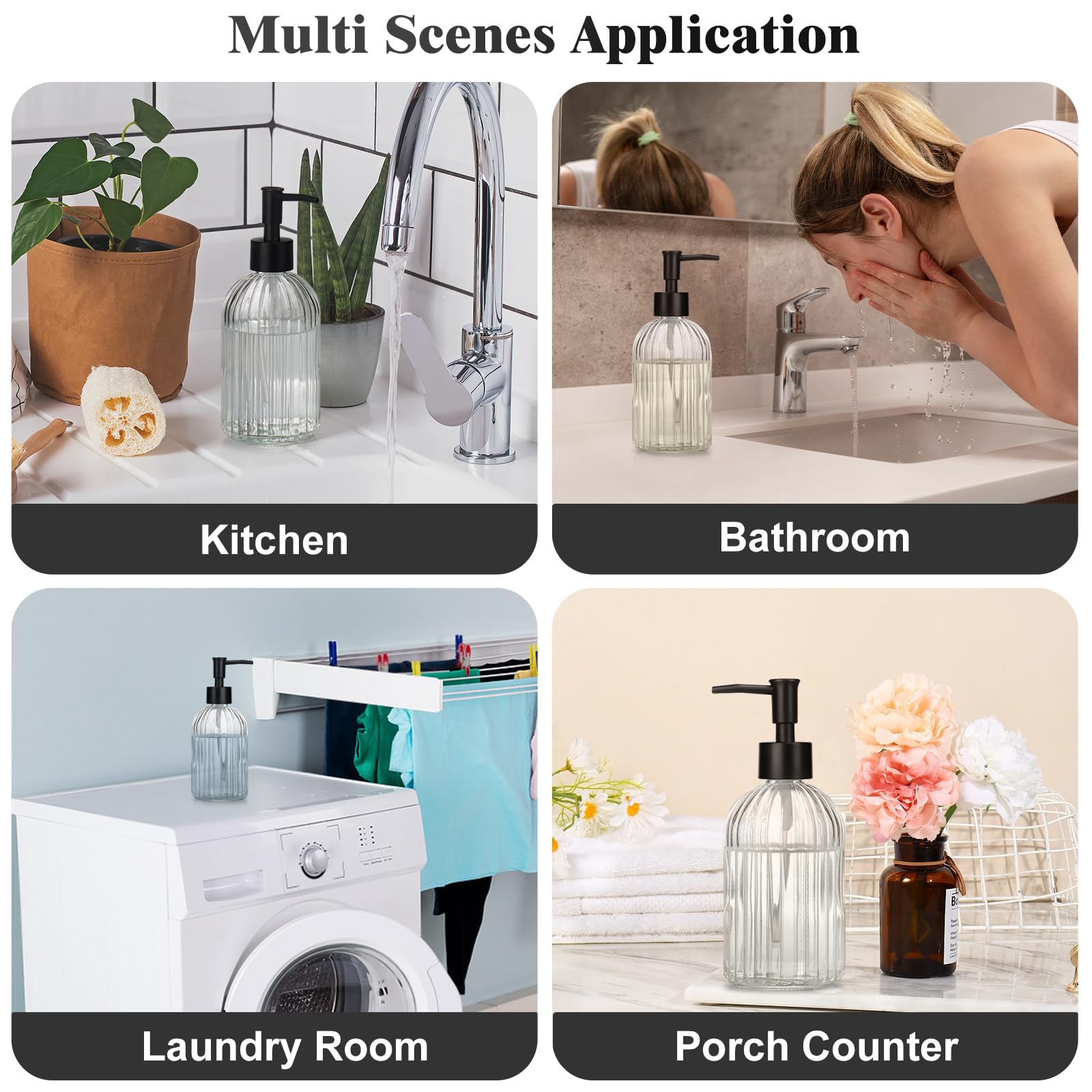 1 Pack 13.5oz Glass Soap Dispenser with Plastic Pump, Vertical Stripe Design Refillable Hand Soap Dispenser for Hand Wash, Bathroom and Kitchen